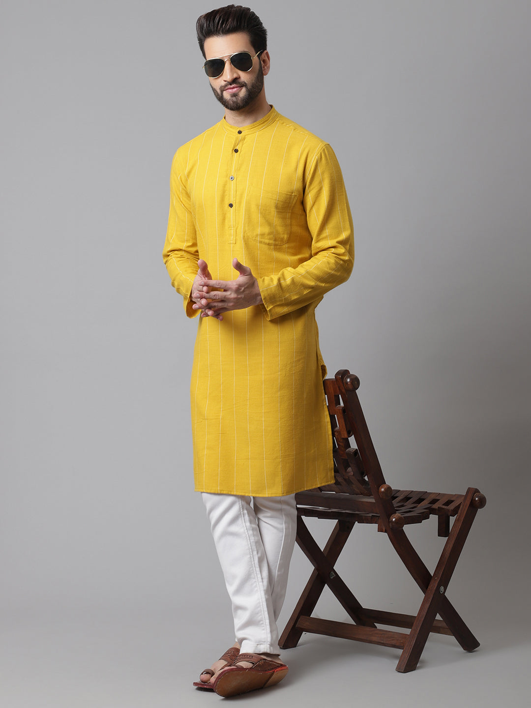 Even Apparels Yellow Pure Cotton Kurta With Band Collar - Distacart