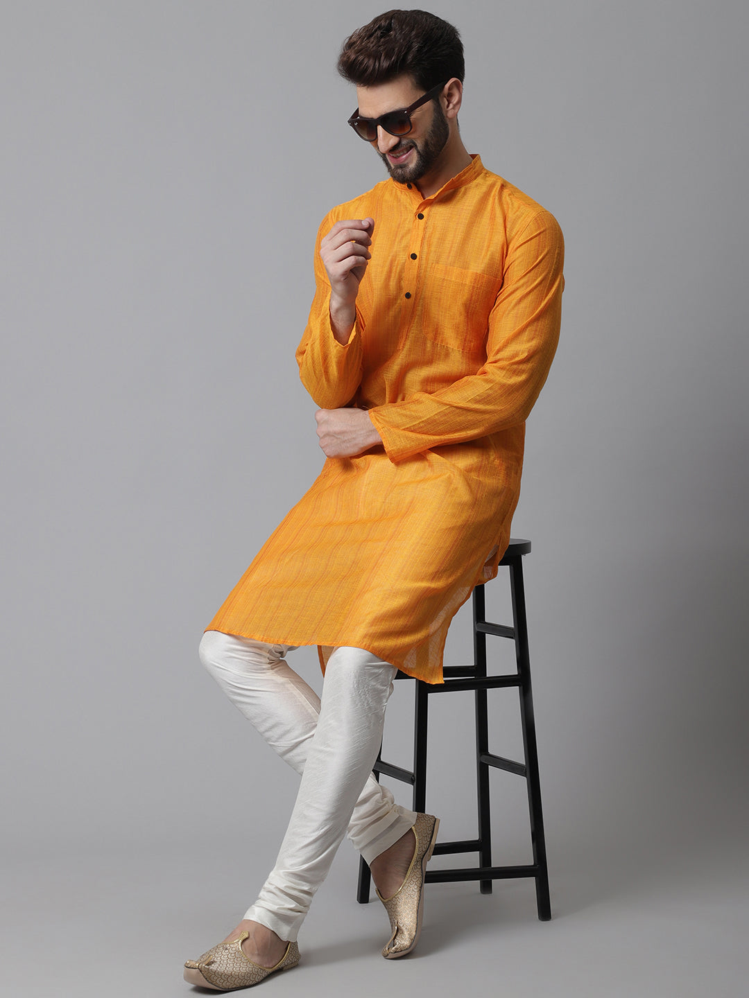 Even Apparels Yellow Check Kurta With Band Collar - Distacart