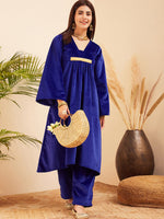 Thumbnail for InWeave Women's Royal Blue V Neck Asymmetrical Pleated Velvet Kurta Set - Distacart