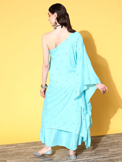 InWeave Women's Sky Blue Mirror Work One Shoulder Kurta Set - Distacart