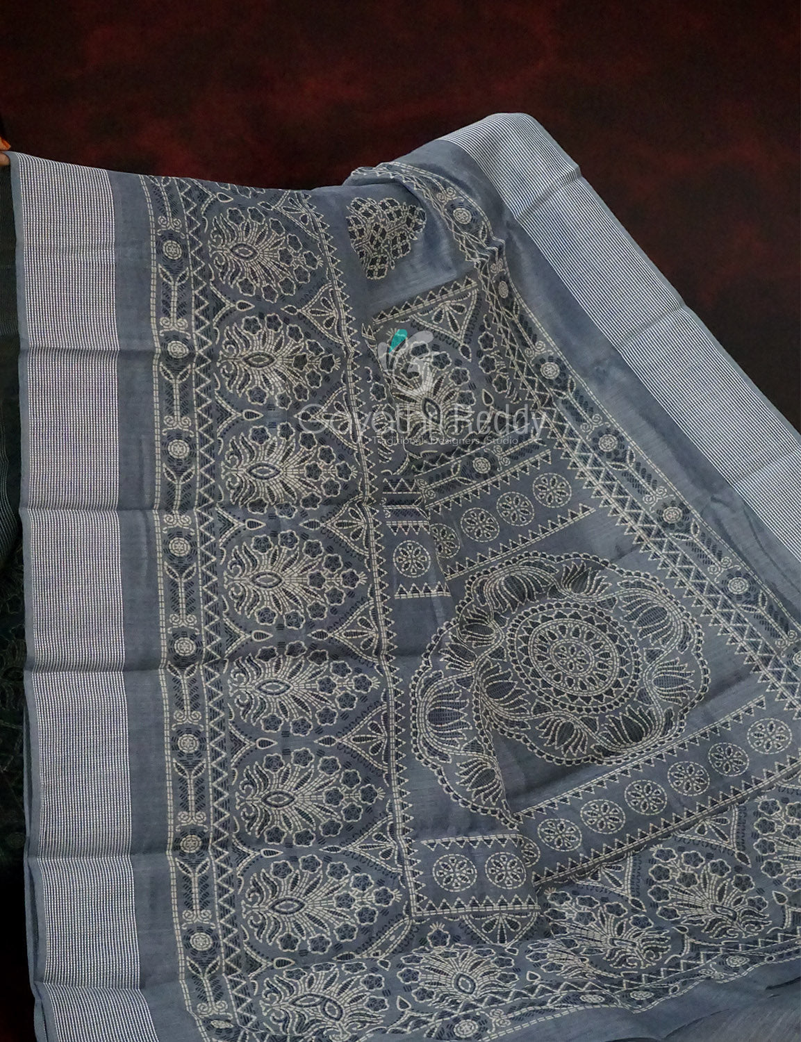 Powder Grey Coloured Block Print Semi Chanderi Saree By Gayathri Reddy Designer Studio - Distacart