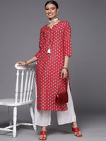 Thumbnail for Varanga Red Cotton Printed Kurta With Dori & Tassels Detailing - Distacart