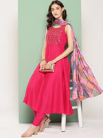 Thumbnail for InWeave Women's Fuchsia Mirror Work Strappy Set W Square Bandhani Print Silk Dup - Distacart