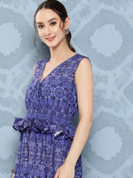 Thumbnail for InWeave Women's Blue Floral Paisley Print Long Frill Dress - Distacart