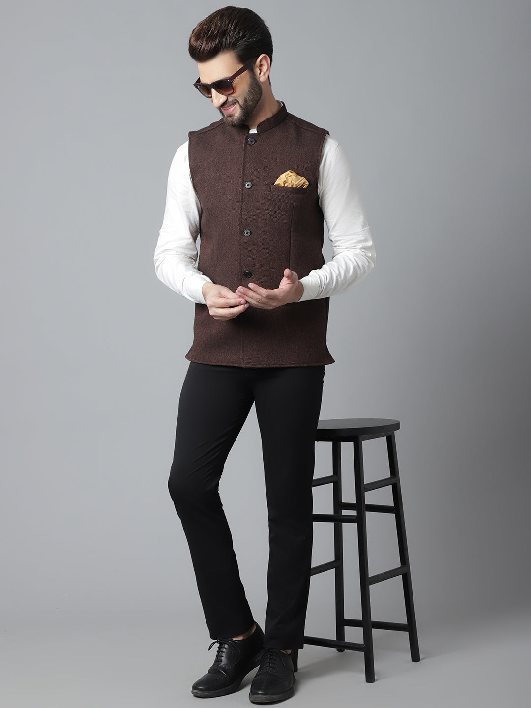 Even Apparels Men's Brown Nehru Jacket With Welt Pockets - Distacart