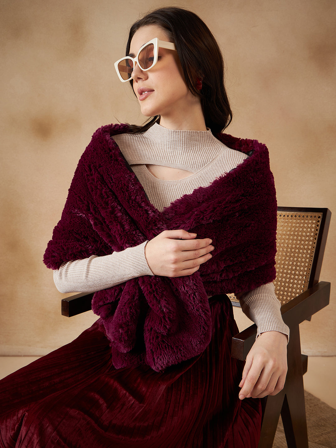 InWeave Women's Burgundy Long Faux Fur Cape - Distacart