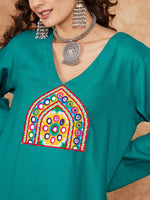 Thumbnail for InWeave Women's Teal Trangle Yellow Patch Work Assymentrical Kurta Set - Distacart