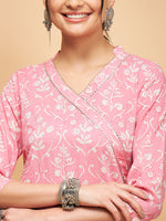 Thumbnail for InWeave Women's Light Pink Floral Print Straight Angrakha Gota Kurta - Distacart