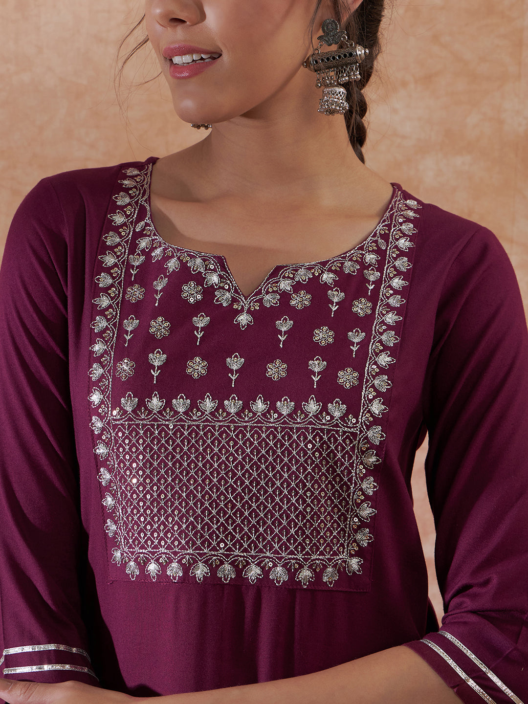 InWeave Women's Burgundy Emb Assymetrical Kurta Pant Set - Distacart