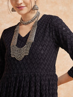 Thumbnail for InWeave Women's Black Chikankari Long Anarkali Kurta Sharara Set - Distacart