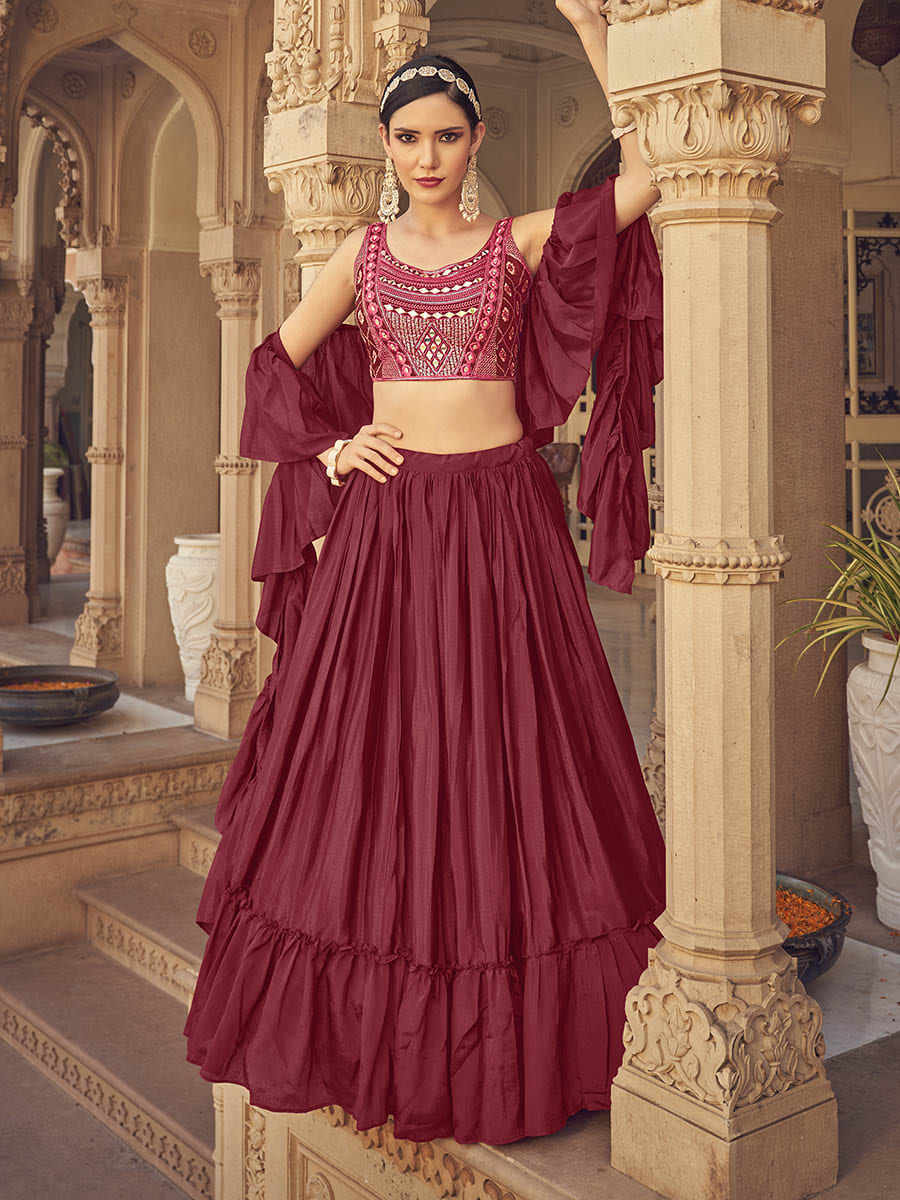 Myra Maroon Chinon & Art SIlk Embroidered Designer Lehenga Choli - Distacart