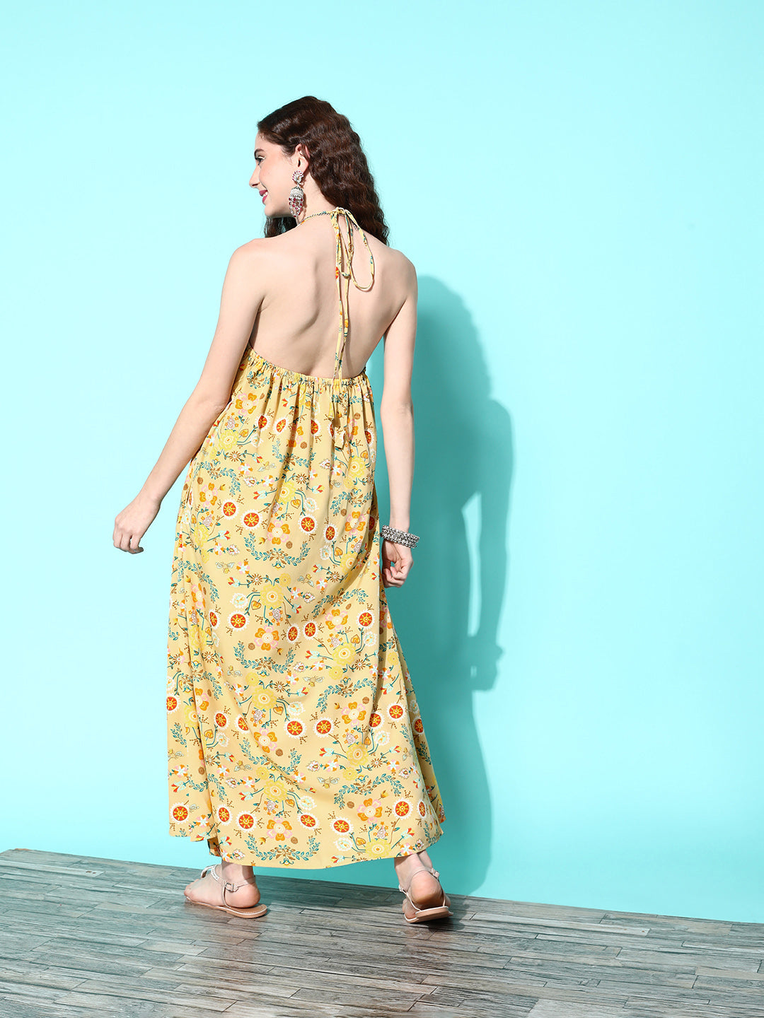InWeave Women's Yellow Print Back Less Long Kurta Pant Set - Distacart