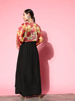 Thumbnail for InWeave Women's Black Strappy Set With Red Pink Floral Short Organza Cape - Distacart