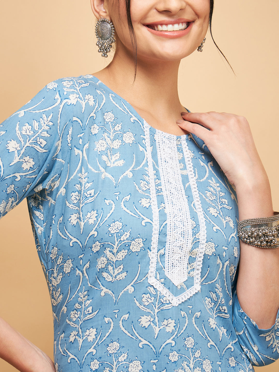 InWeave Women's Powder Blue White Print Lace Straight Kurta - Distacart