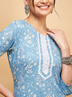 Thumbnail for InWeave Women's Powder Blue White Print Lace Straight Kurta - Distacart