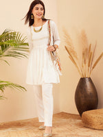 Thumbnail for InWeave Women's White Round Neck Square Gota Work Kurta Pant Set - Distacart