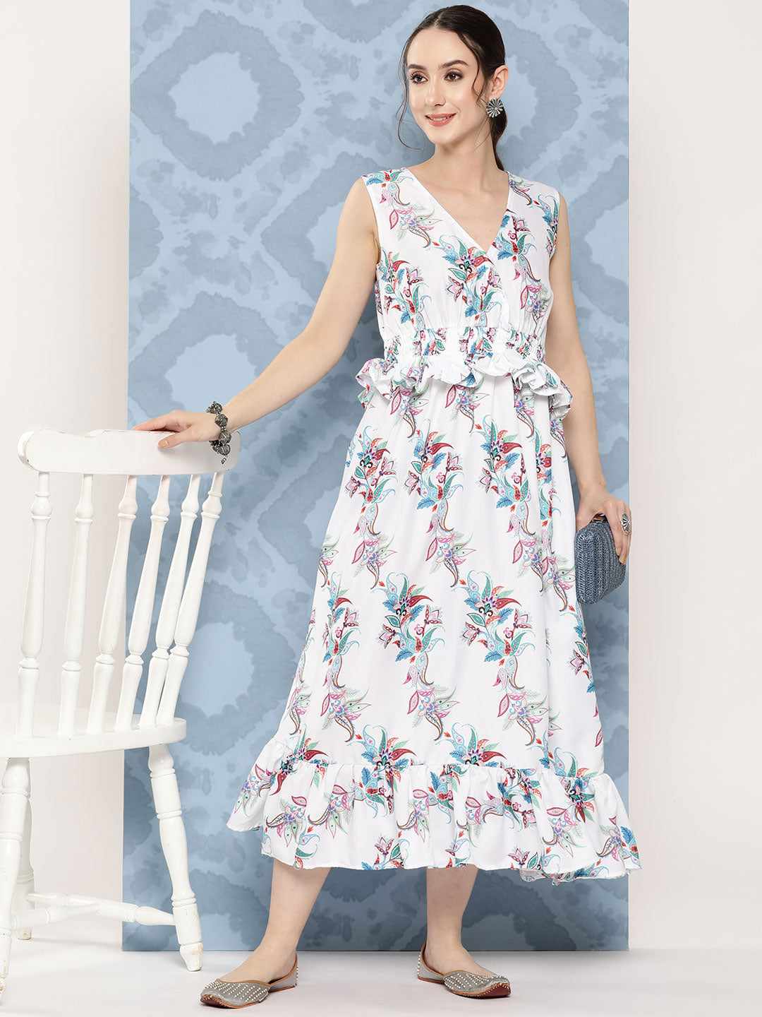 InWeave Women's White Floral Paisley Print Long Frill Dress - Distacart