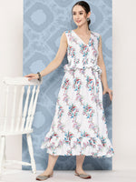Thumbnail for InWeave Women's White Floral Paisley Print Long Frill Dress - Distacart