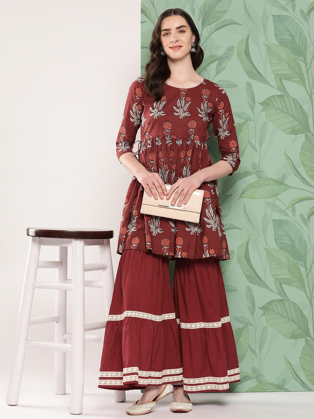 InWeave Women's Brick Rust Boota Sharara Set - Distacart