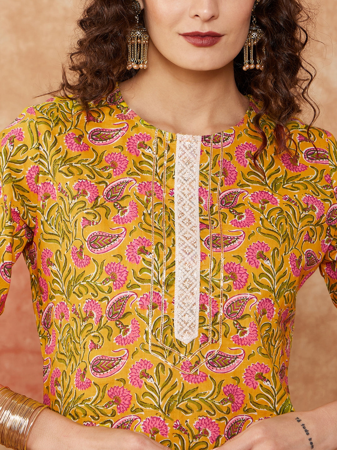 InWeave Women's Mustard Green Lace Gota Work Straight Kurta - Distacart