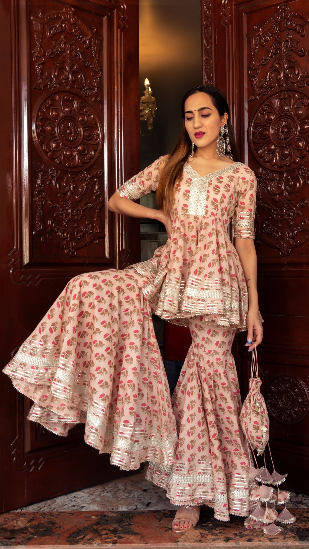 Pomcha Jaipur Peach Hand Block Cotton Sharara Set - Distacart