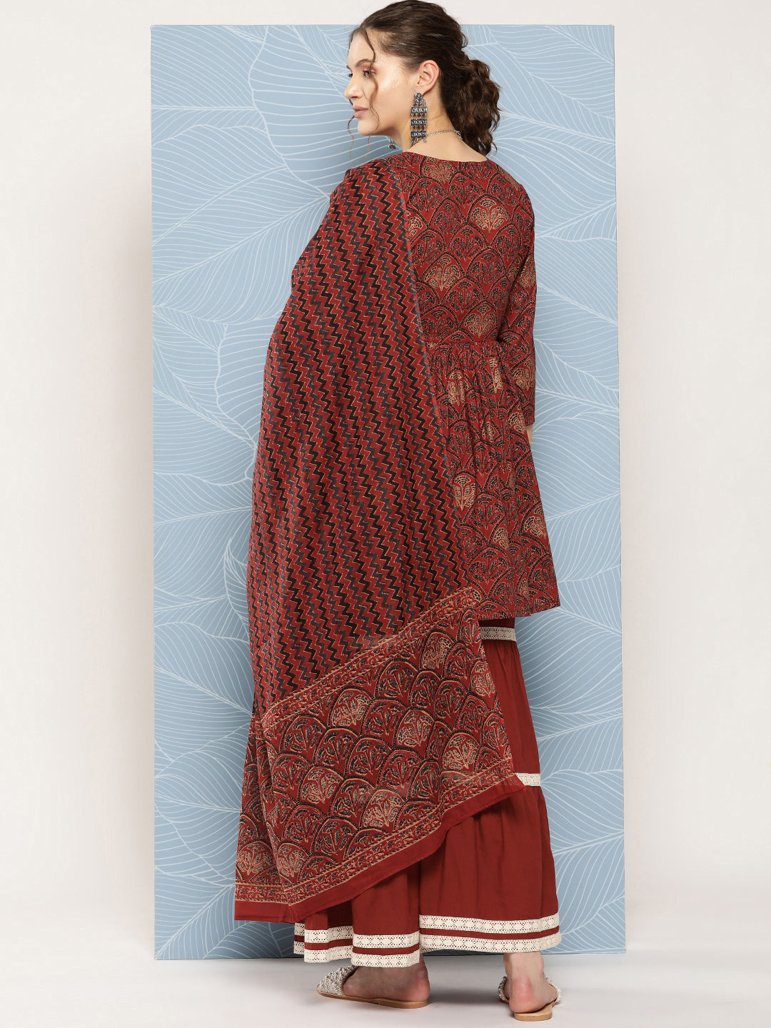 InWeave Women's Brick Rust Ajrakh Sharara Set With Dupatta - Distacart