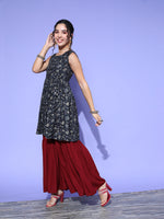 Thumbnail for InWeave Women's Blue Printed Kurta Sharara Set With Burgundy Organza Dupatta - Distacart