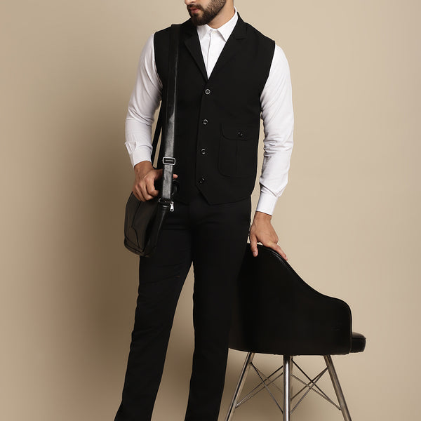 Even Apparels Men's Black Waistcoat with Notched Lapel - Distacart