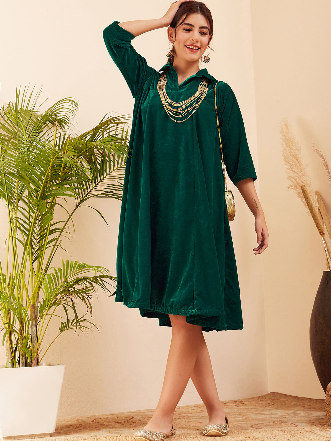 InWeave Women's Teal Velvet Collared Neck Flared Midi Dress - Distacart