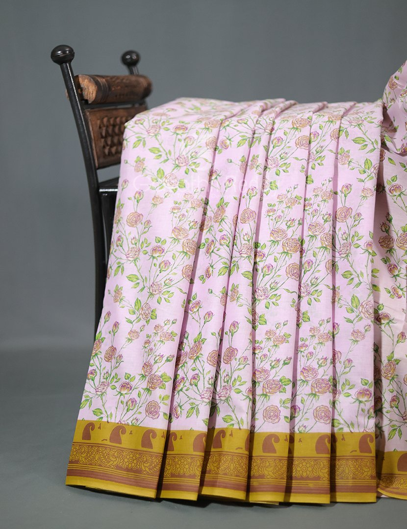 Block Print Baby Pink Dry Mehendi Combo Mulmul Cotton Saree By Gayathri Reddy Designer Studio - Distacart