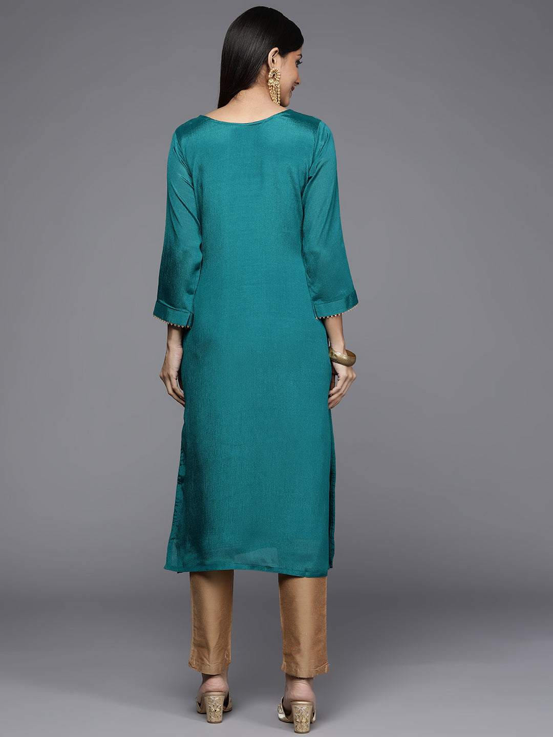 Varanga Teal Straight Kurta With Embroidered Yoke - Distacart