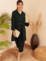 Thumbnail for InWeave Women's Forest Green Collared Front Button Blazer Kurta Pant Set - Distacart