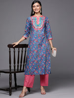 Thumbnail for Varanga Blue Floral Printed Straight Kurta With Three Quarter Sleeves - Distacart