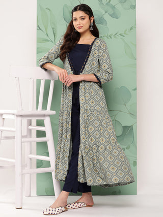 InWeave Women's Navy Top Bottom W Grey Bandhej Long Shrug Set - Distacart