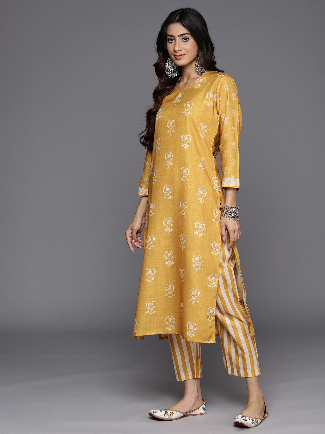 KSUT (House of Varanga) Mustard Digital Printed Kurta With V Neckline Paired With Straight Trouser - Distacart