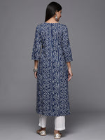 Thumbnail for Varanga Blue Bandhani Print Embroidered Kurta Has Round Neck - Distacart