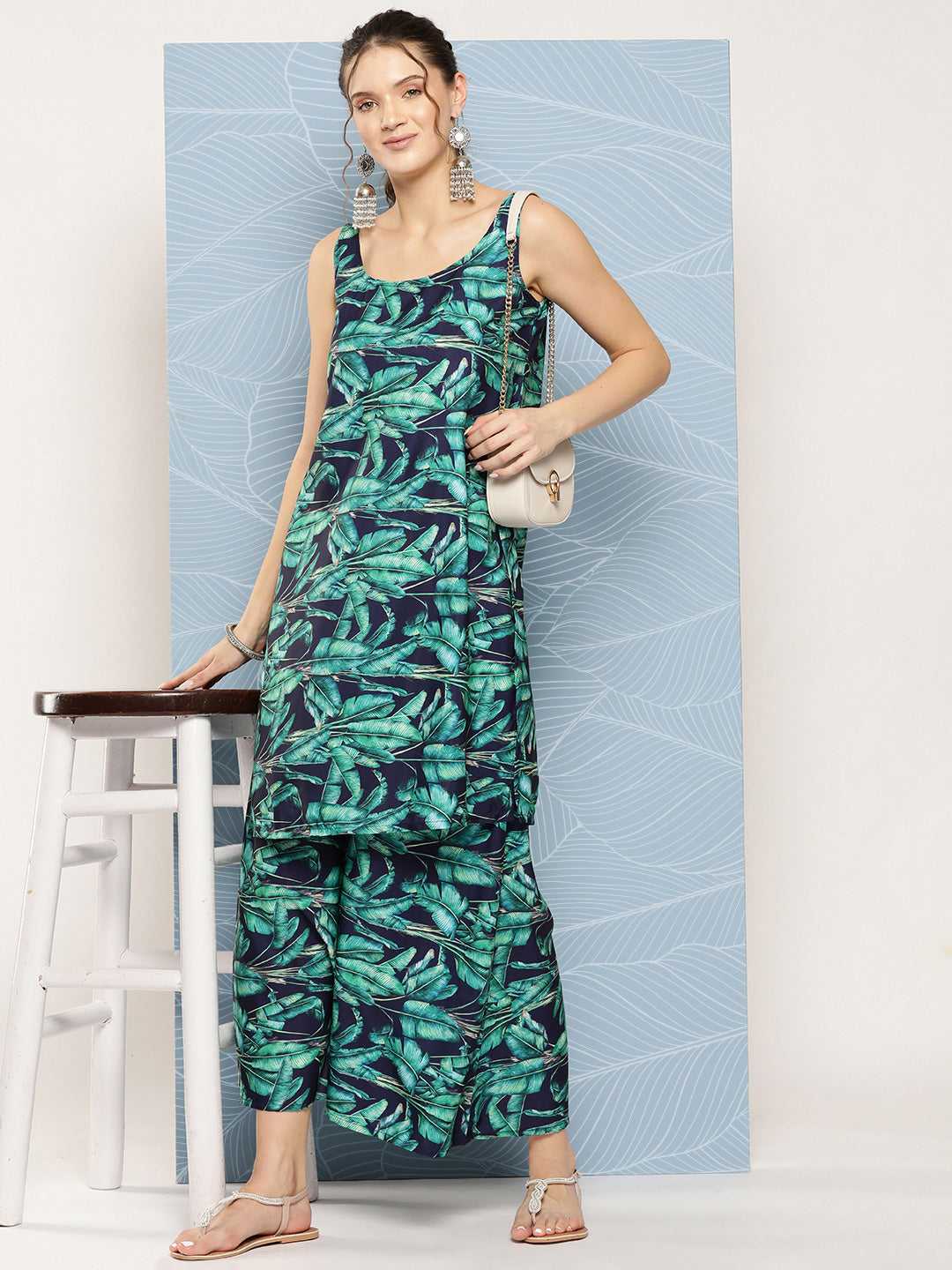 InWeave Women's Navy Green Big Leaf Print Crepe Kurta Set - Distacart