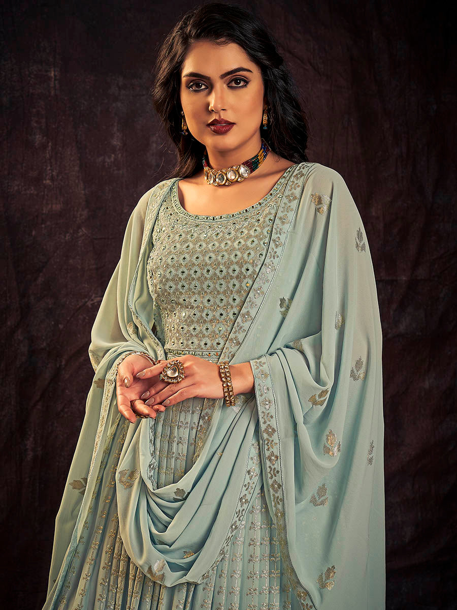 Myra Light Blue Real Georgette Designer Gown Style Suit - Distacart