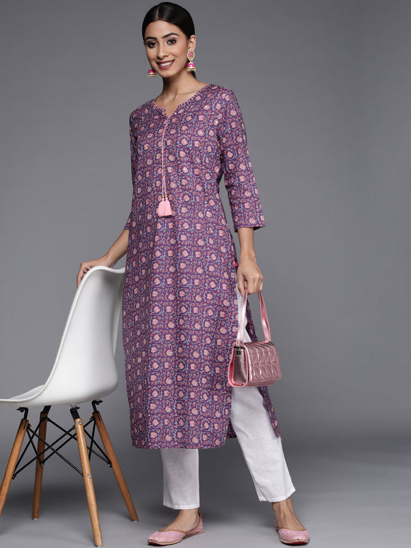 Varanga Cotton Printed Stright Kurta With Embroidered Nekline - Distacart
