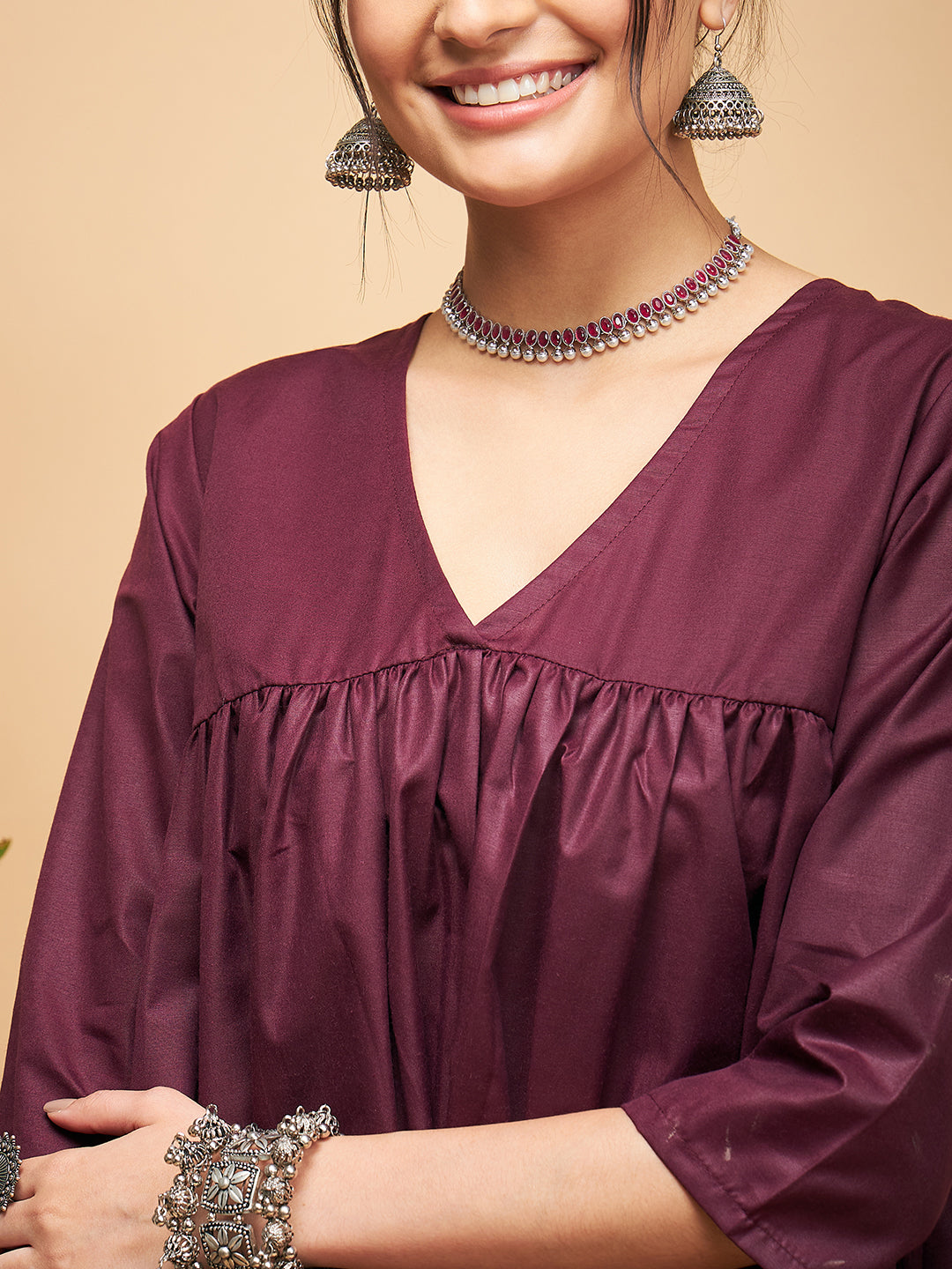 InWeave Women's Wine Solid Flared Kurta Palazzo Set - Distacart