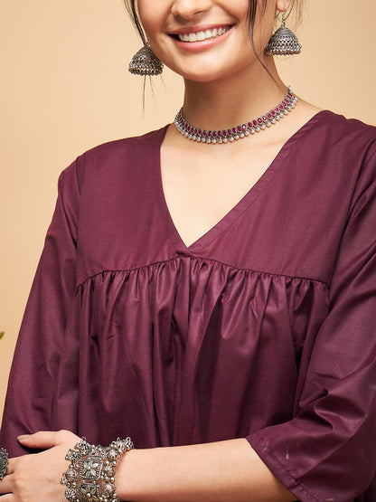 InWeave Women's Wine Solid Flared Kurta Palazzo Set - Distacart