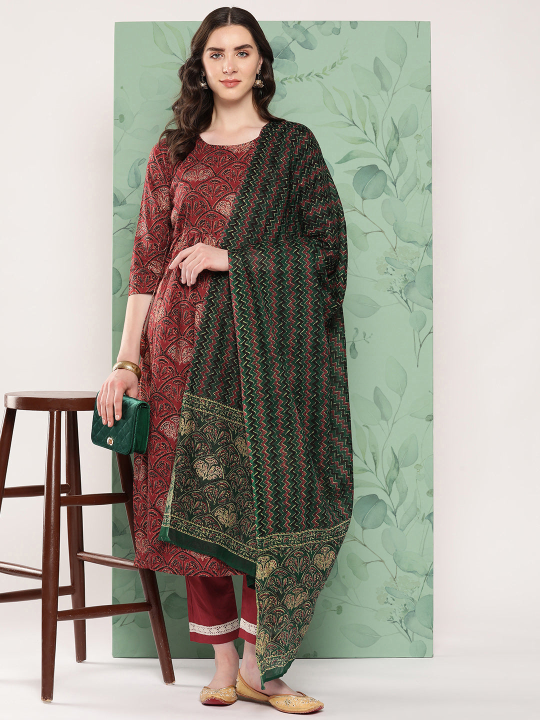 InWeave Women's Long Kurta Set Rust Ajrakh With Green Ajrakh Dupatta - Distacart