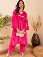 Thumbnail for InWeave Women's Magenta V Neck Asymmetrical Pleated Velvet Kurta Set - Distacart