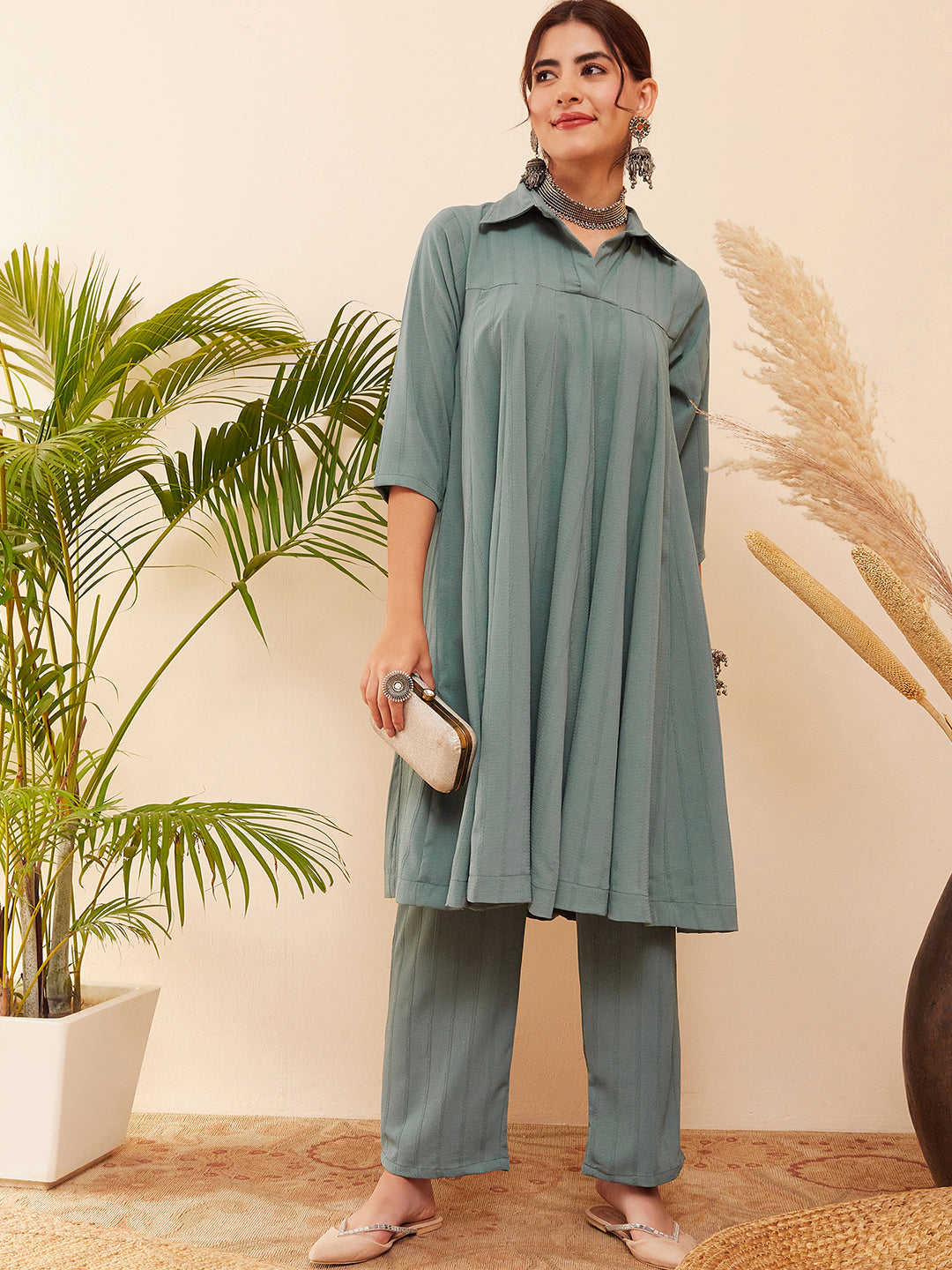 InWeave Women's Light Mint Collared Neck Flared Kurta Pant Set - Distacart