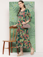 Thumbnail for InWeave Women's Green Tropical Print Gota Long Dress - Distacart