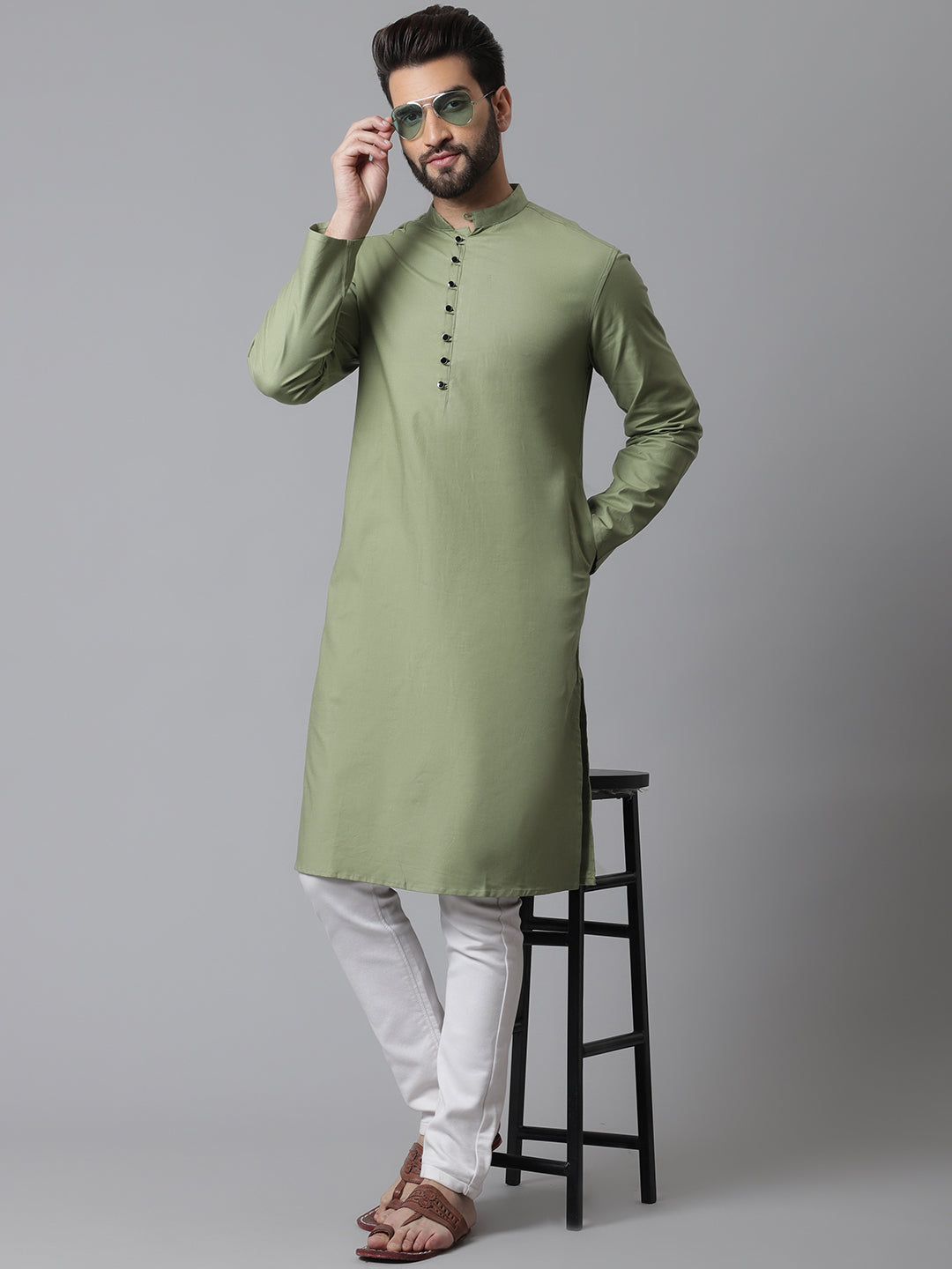Even Apparels Green Pure Cotton Kurta With Band Collar - Distacart