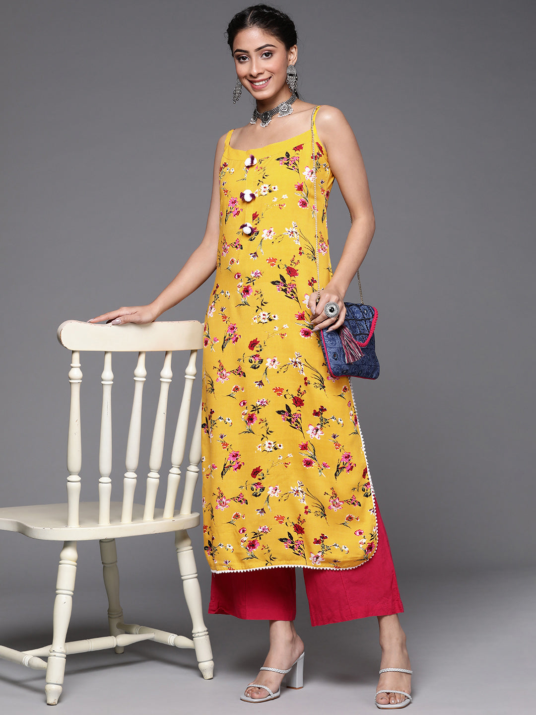 Varanga Mustard And Pink Printed Strap Kurta - Distacart