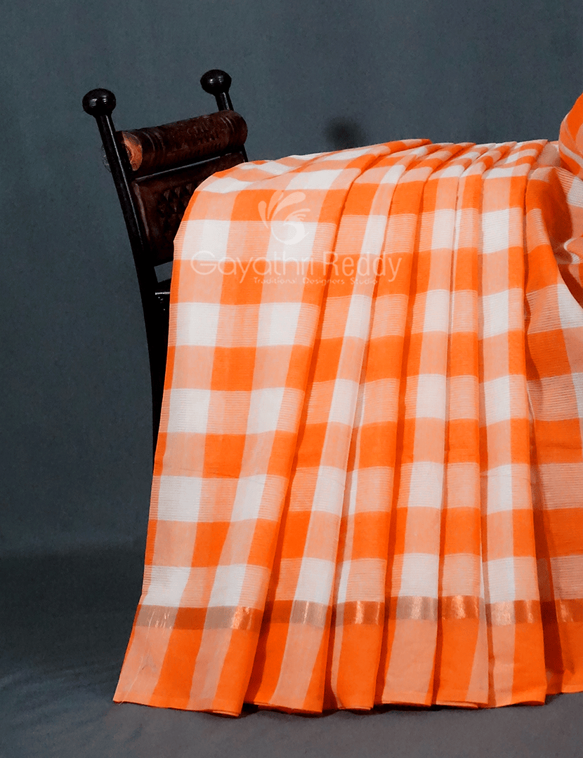 Cream And Orange Colored With Checks Pure Mangalgiri Cotton Saree By Gayathri Reddy Designer Studio - Distacart