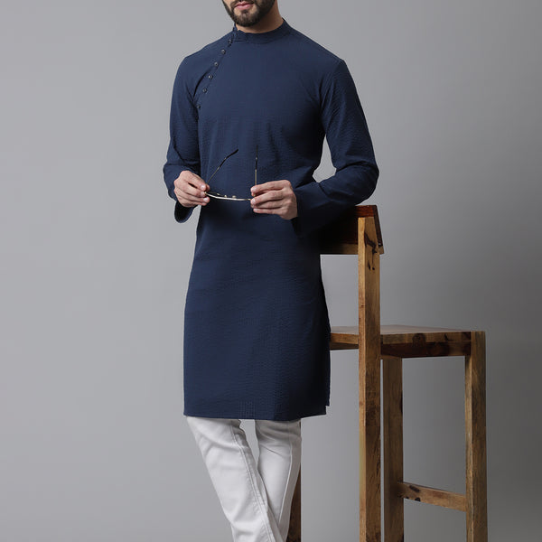 Even Apparels Blue Solid Kurta With Band Collar - Distacart