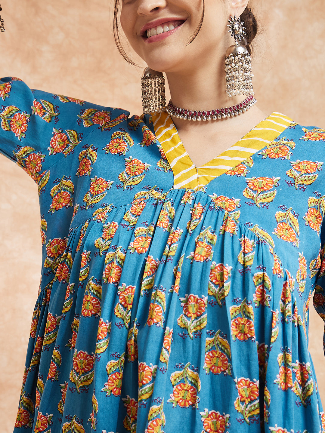 InWeave Women's Blue Orange Floral Yellow White Leh V Neck Kurta Set - Distacart